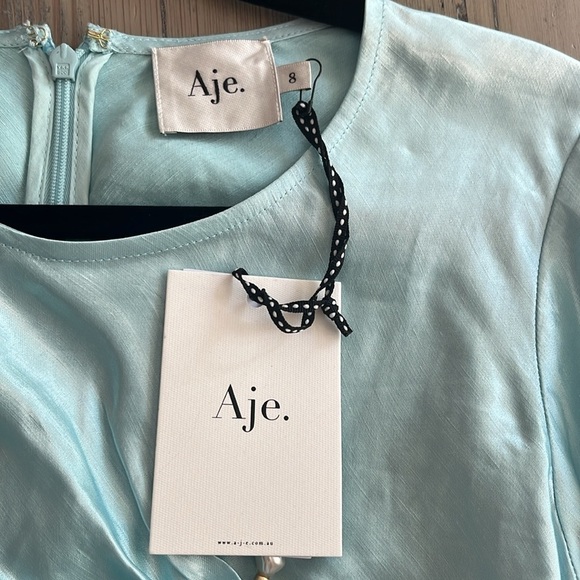 Aje Moonglade Pierced Fit and Flare Ruched Blouse in Spearmint Blue Size 8 - Picture 10 of 16
